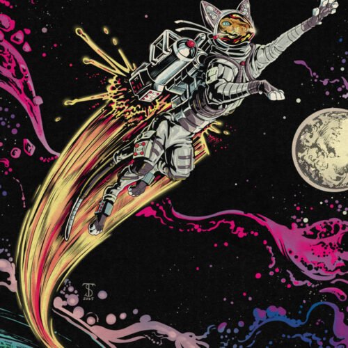 Siamese Cat in a space suit flying into cosmic comic book space