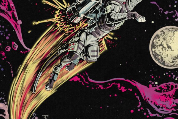 Siamese Cat in a space suit flying into cosmic comic book space